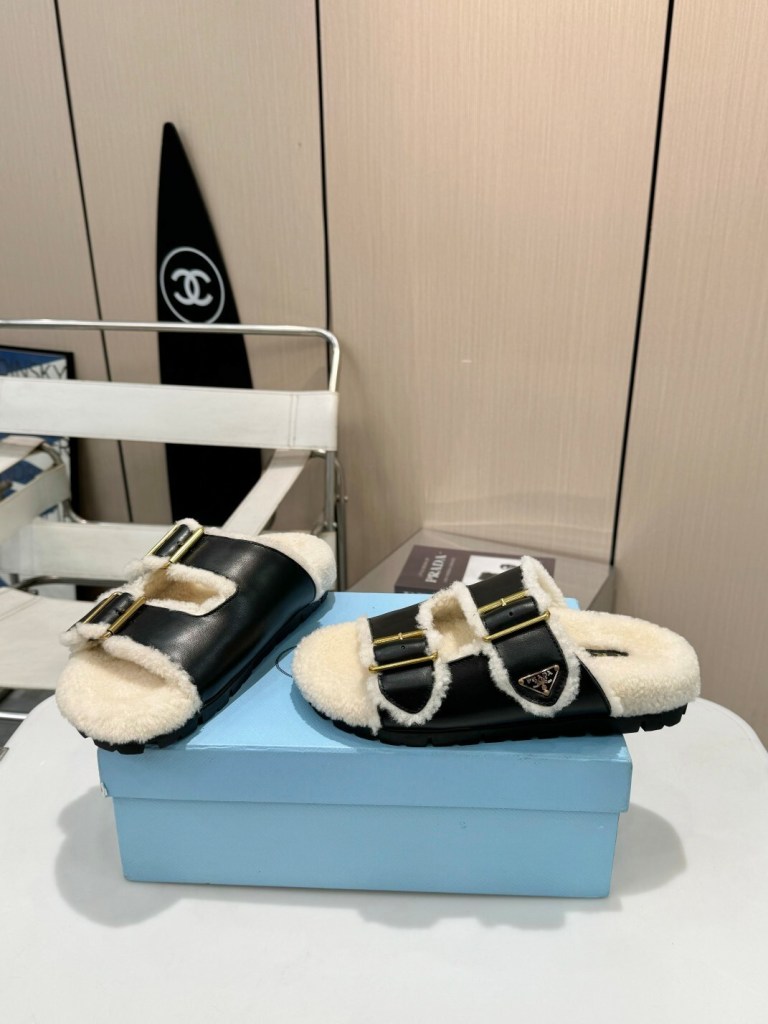 Prada Black Leather Shearling Buckle Sandals
