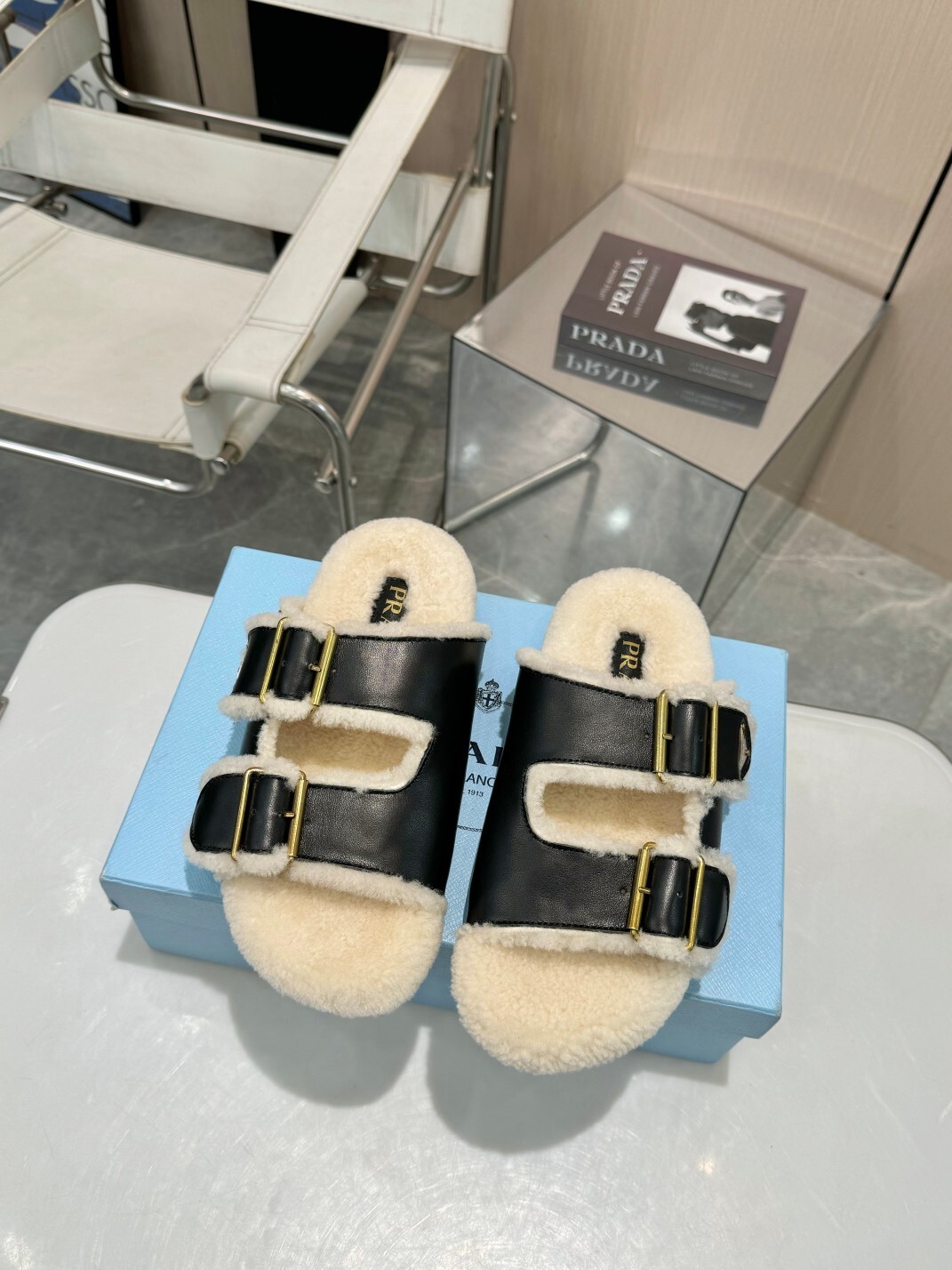 Prada Black Leather Shearling Buckle Sandals - Image 8