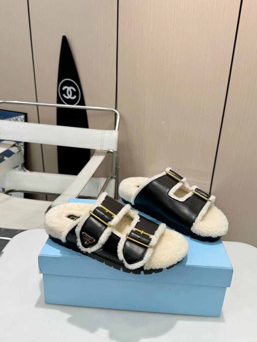 Prada Black Leather Shearling Buckle Sandals - Image 9