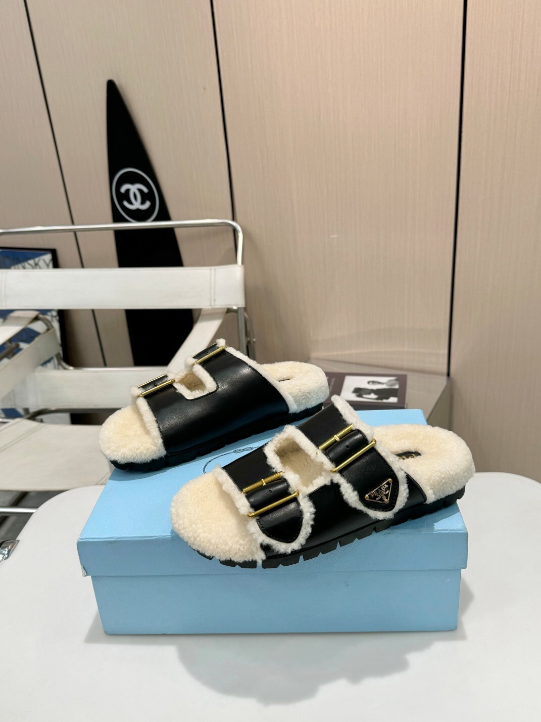 Prada Black Leather Shearling Buckle Sandals - Image 10