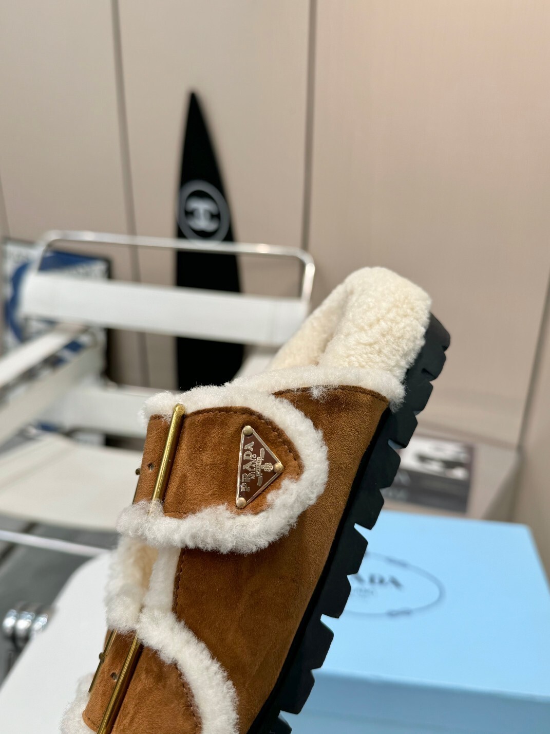 Prada Brown Suede Shearling Buckle Sandals - Image 2