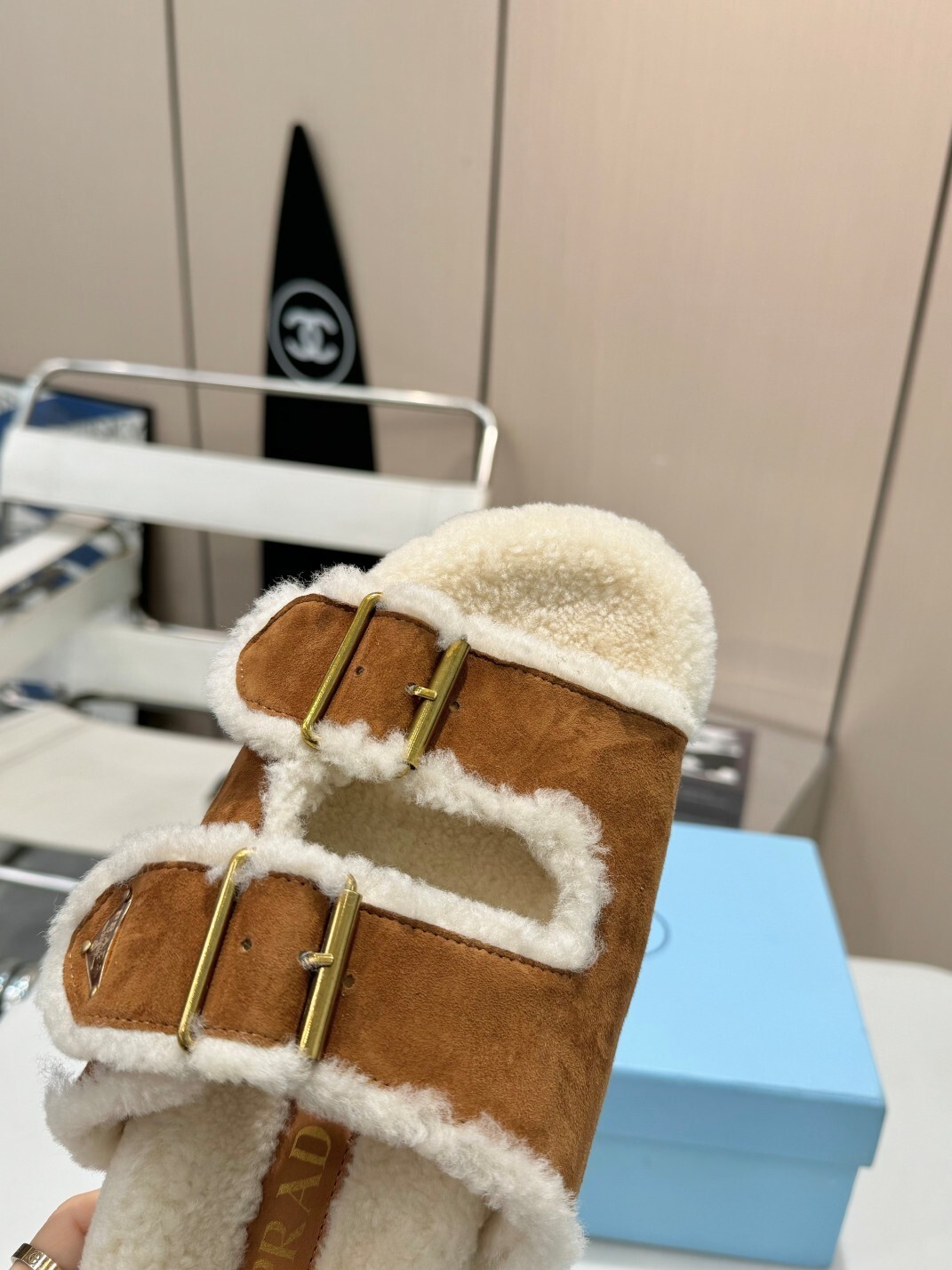 Prada Brown Suede Shearling Buckle Sandals - Image 6
