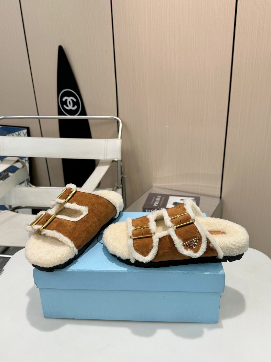 Prada Brown Suede Shearling Buckle Sandals