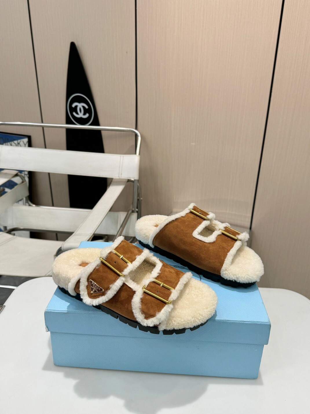 Prada Brown Suede Shearling Buckle Sandals - Image 9