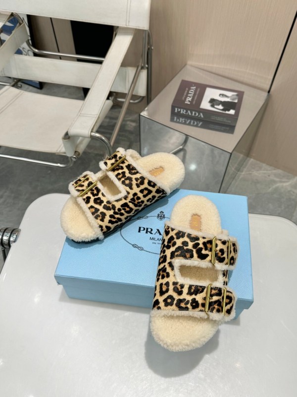 Prada Shearling Leopard Print Sandals