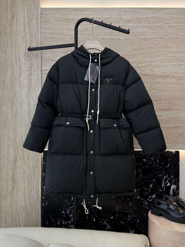 Prada long women's down hood puffer jacket- Black