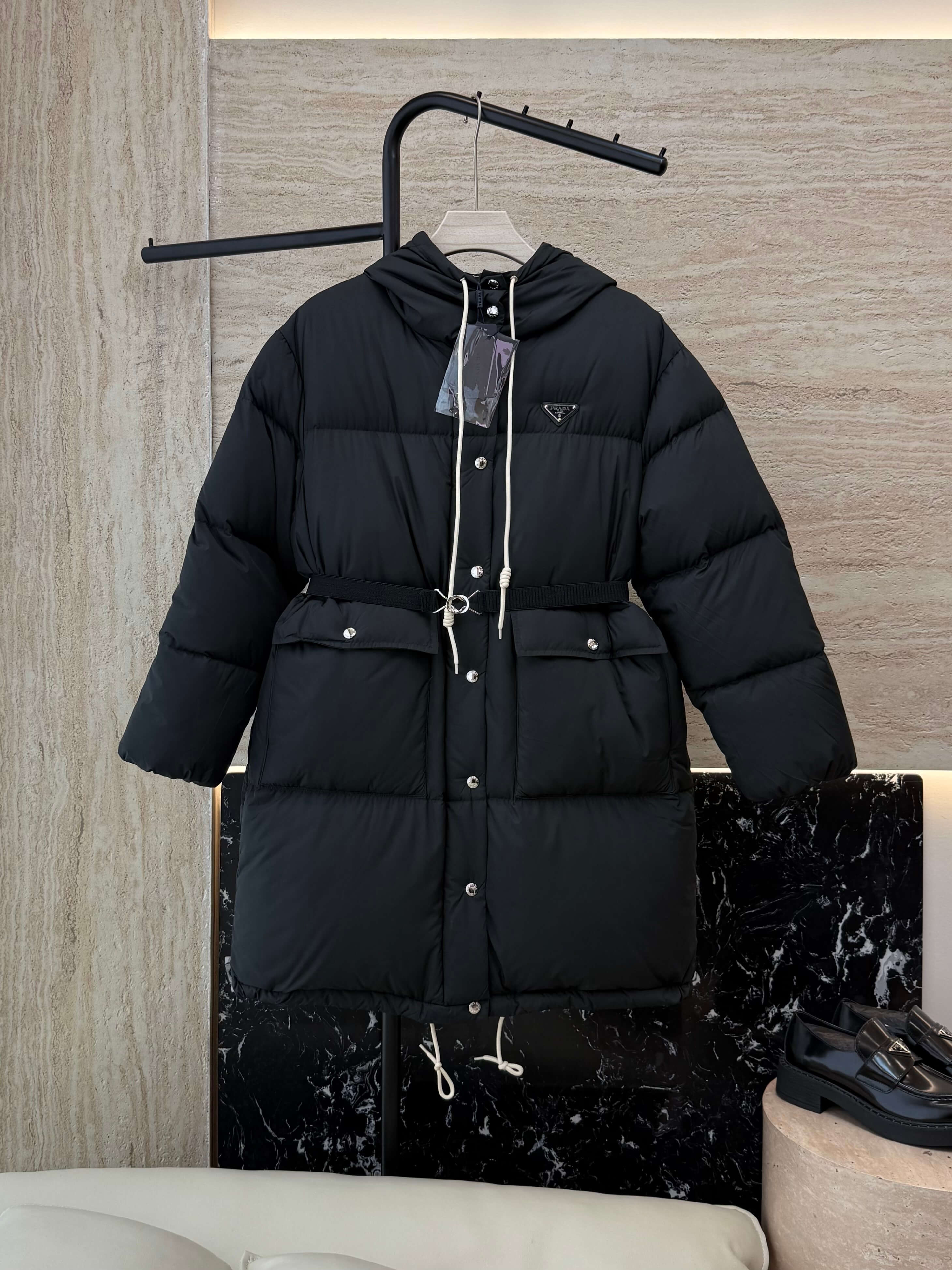 Prada long women's down hood puffer jacket- Black