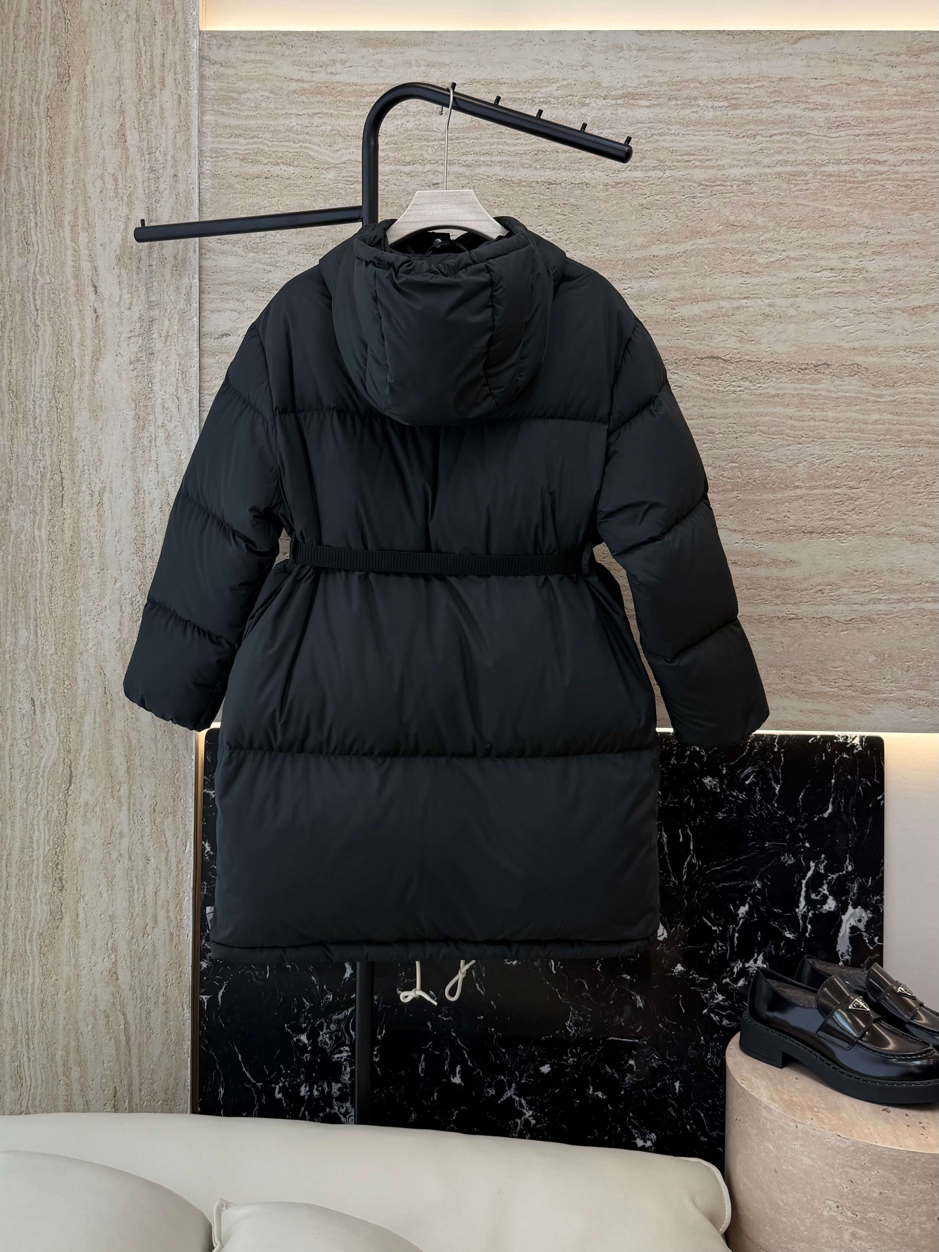 Prada long women's down hood puffer jacket- Black - Image 2