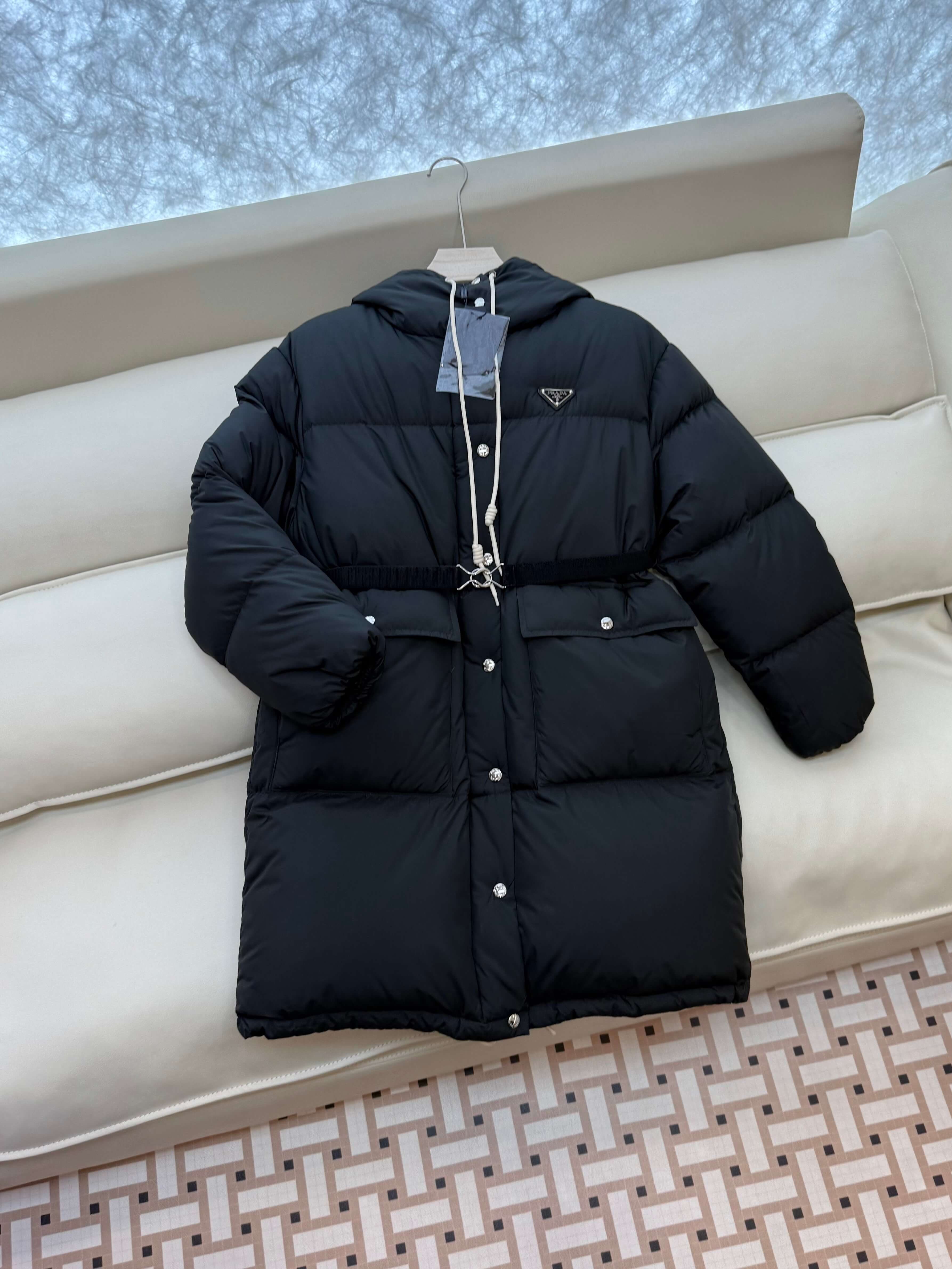Prada long women's down hood puffer jacket- Black - Image 3