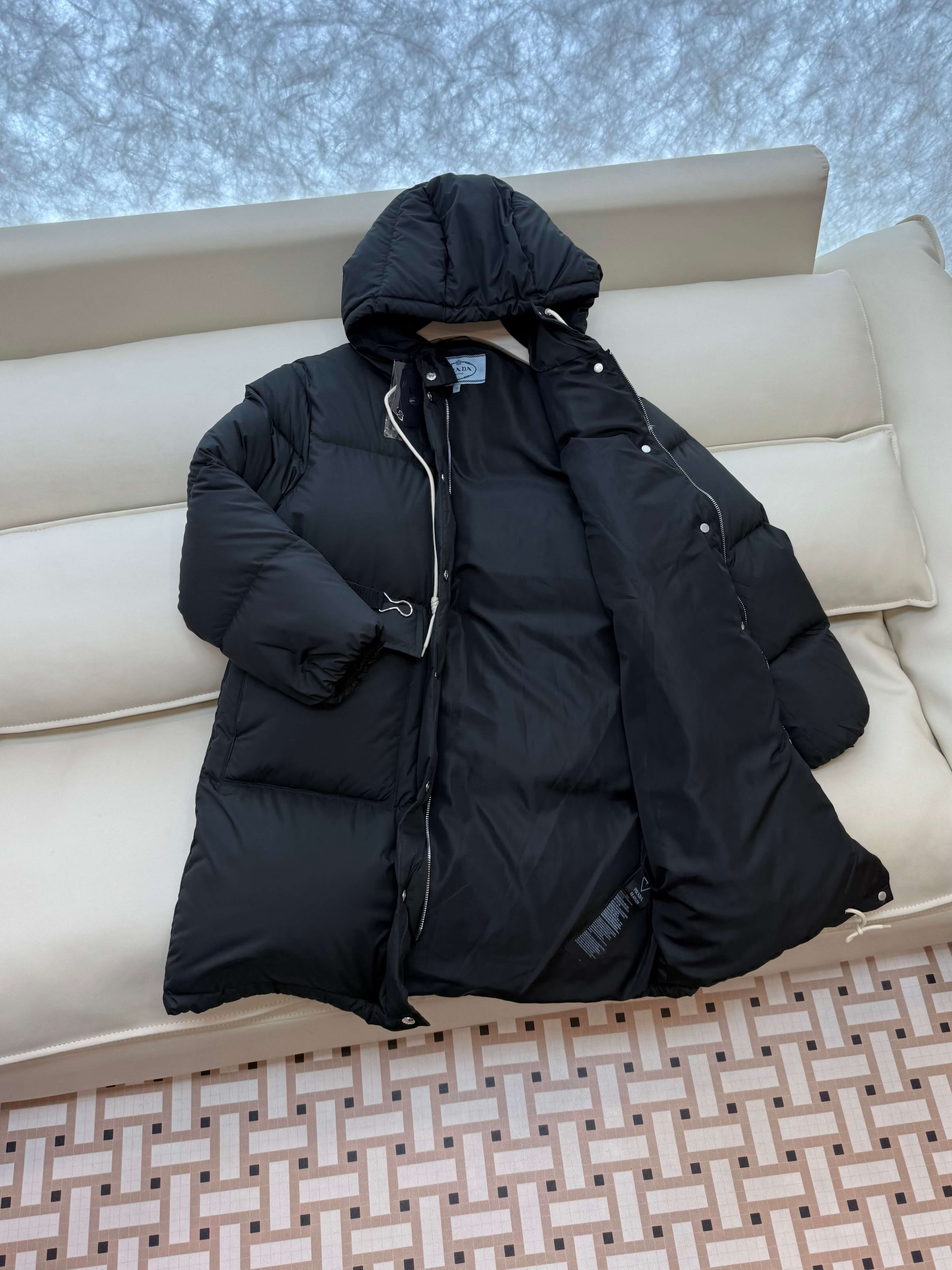 Prada long women's down hood puffer jacket- Black - Image 4