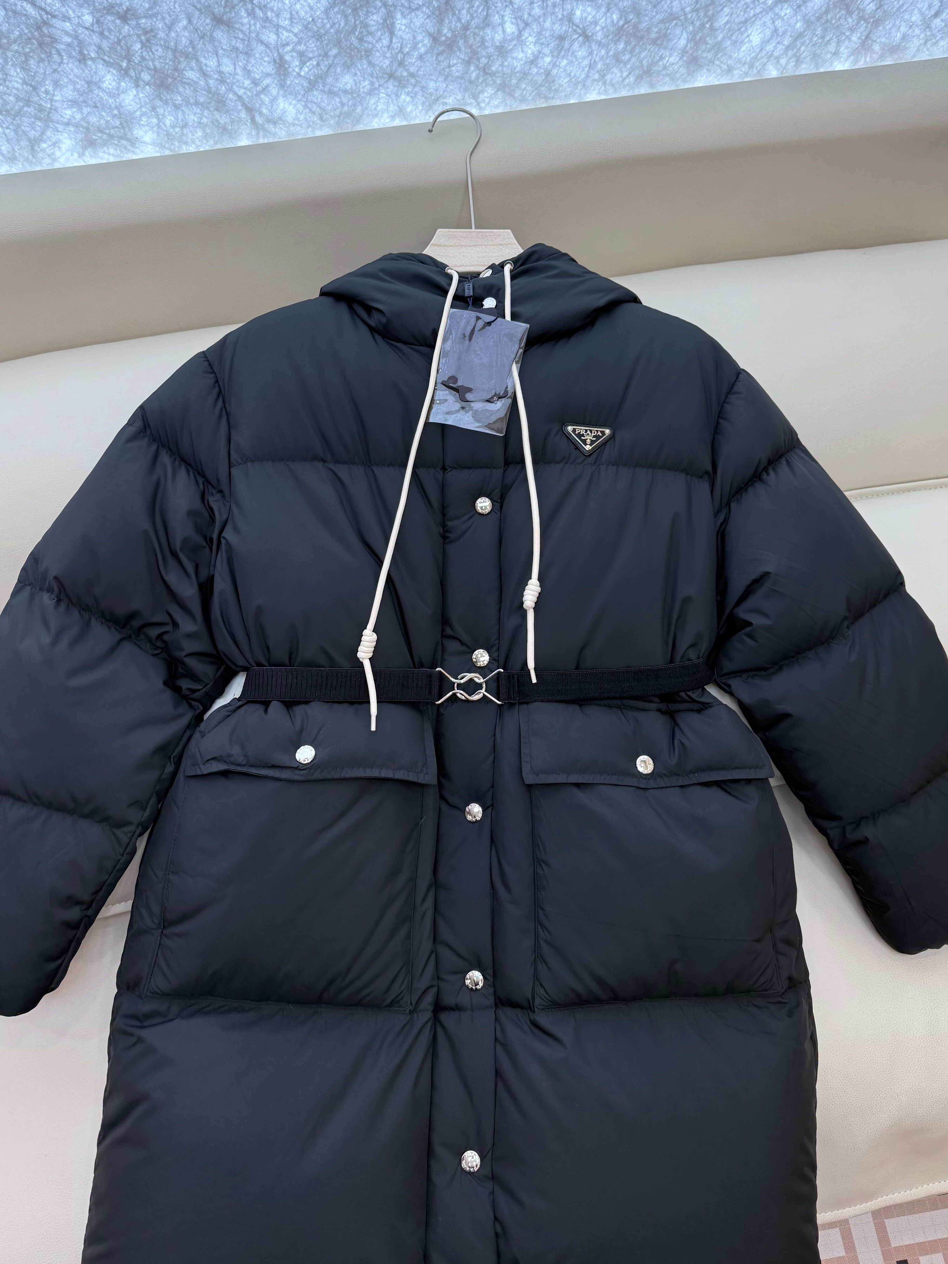 Prada long women's down hood puffer jacket- Black - Image 6