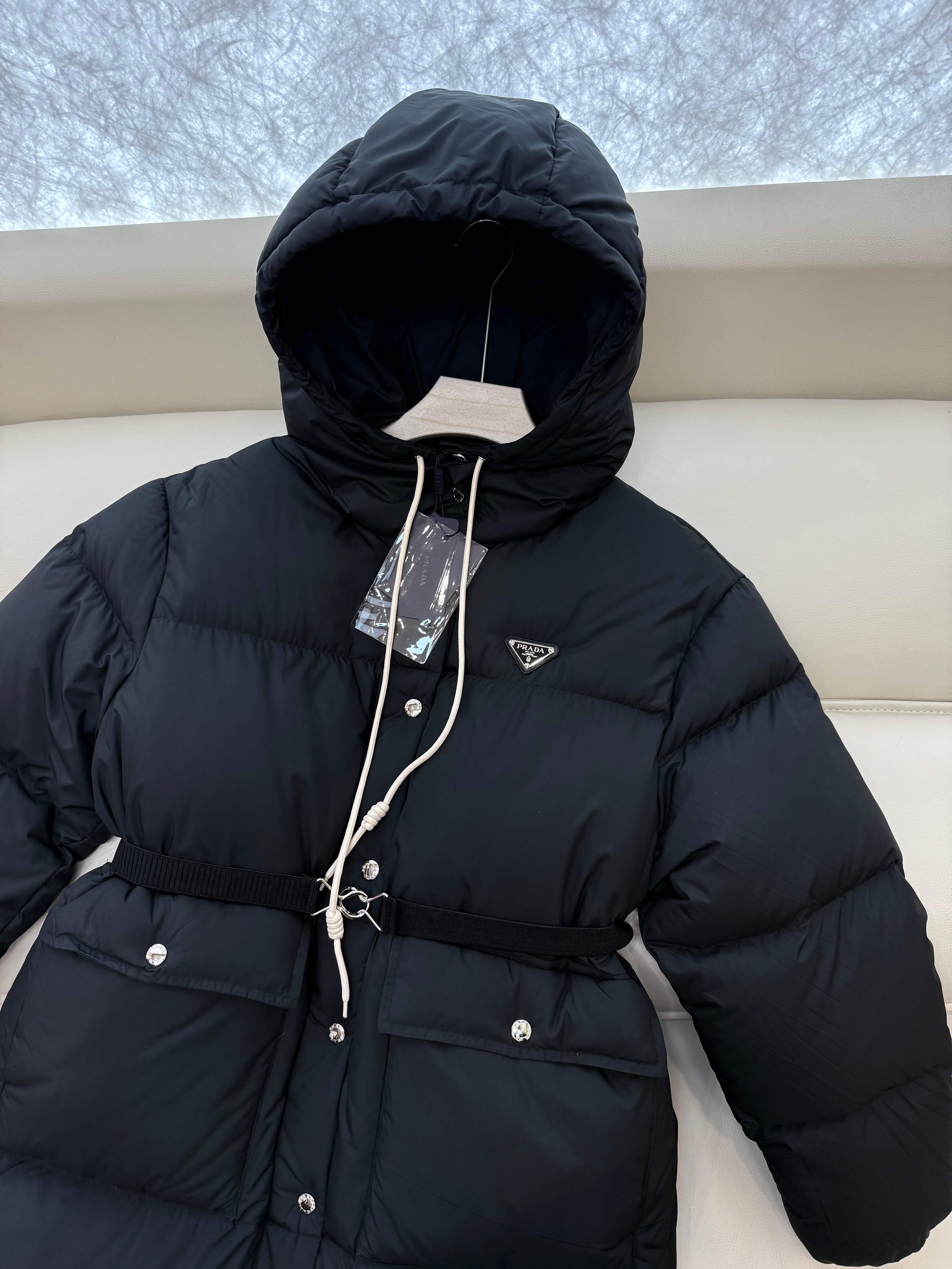 Prada long women's down hood puffer jacket- Black - Image 7