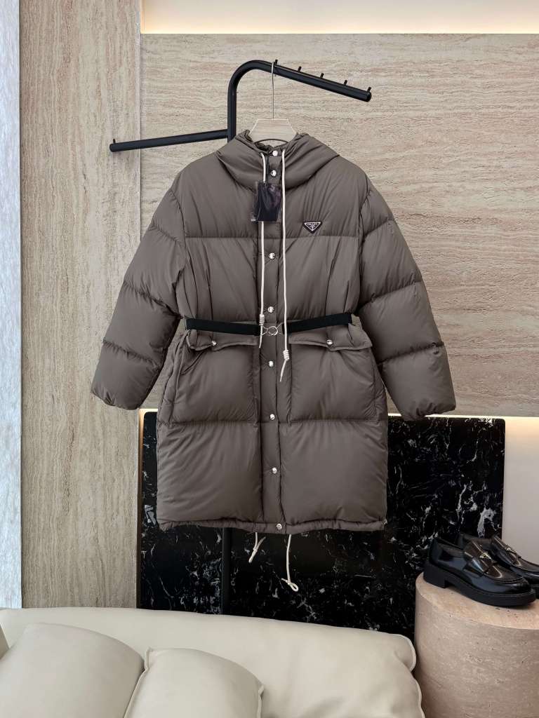 Prada long women's down hood puffer jacket- Gray