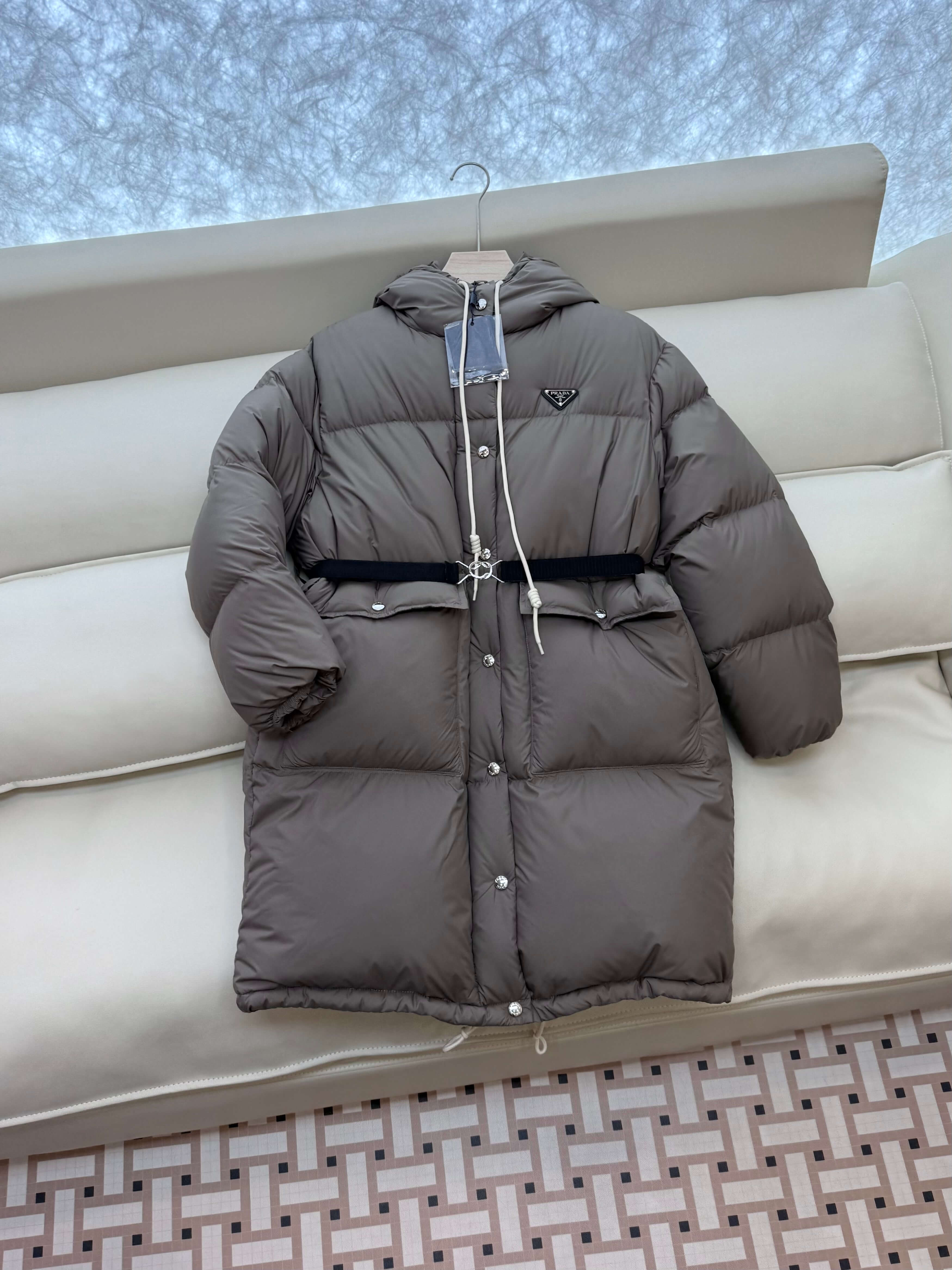 Prada long women's down hood puffer jacket- Gray - Image 3