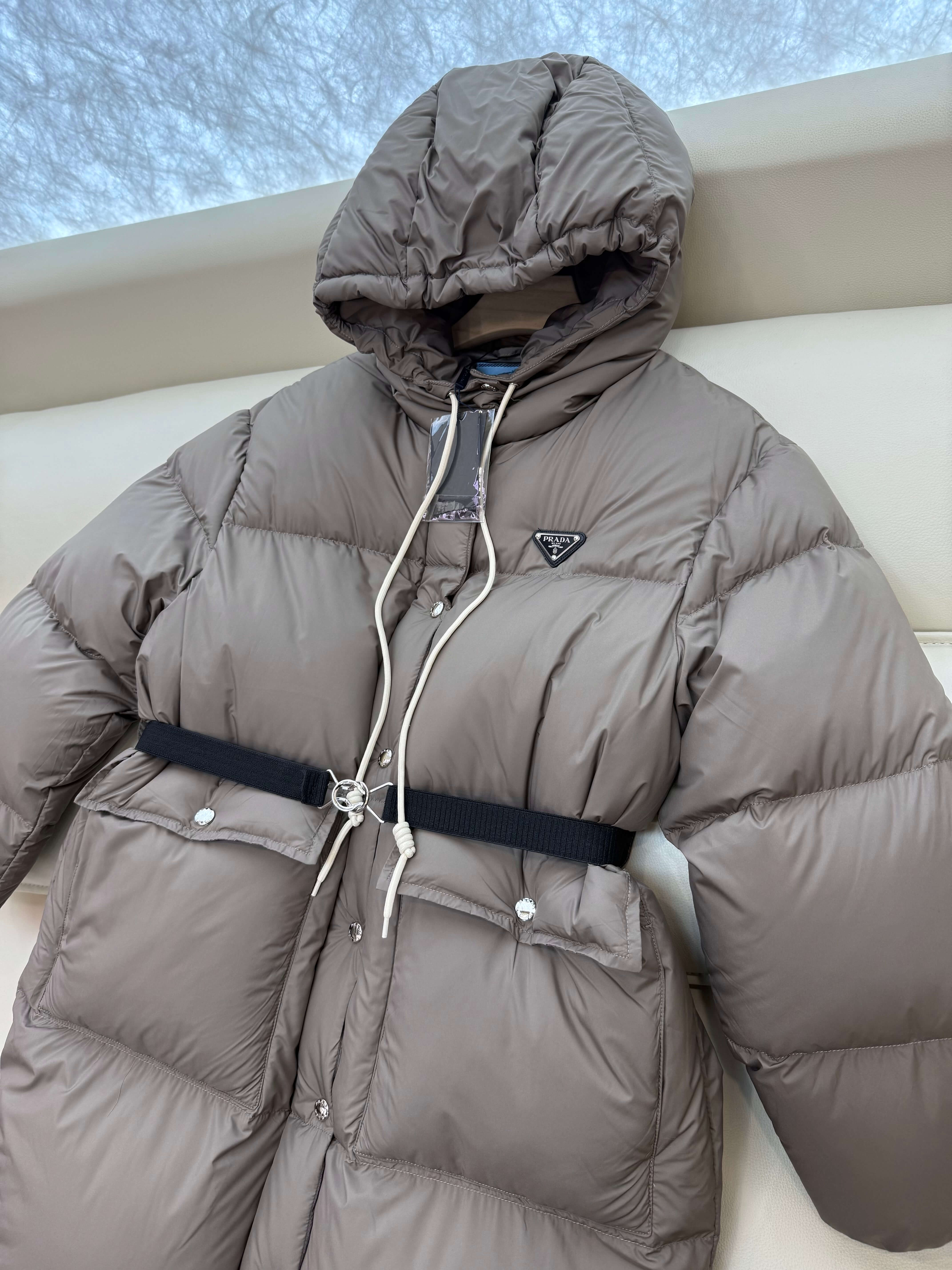 Prada long women's down hood puffer jacket- Gray - Image 5