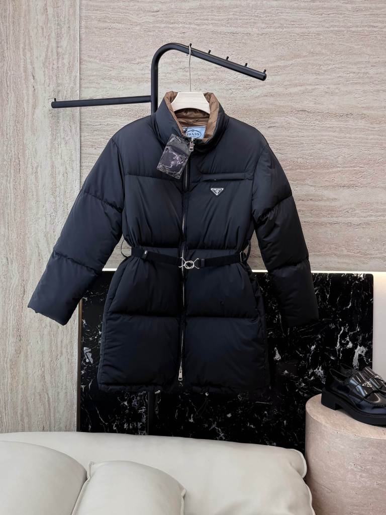 Prada Mid-Length Down Jacket with a Belt in black.