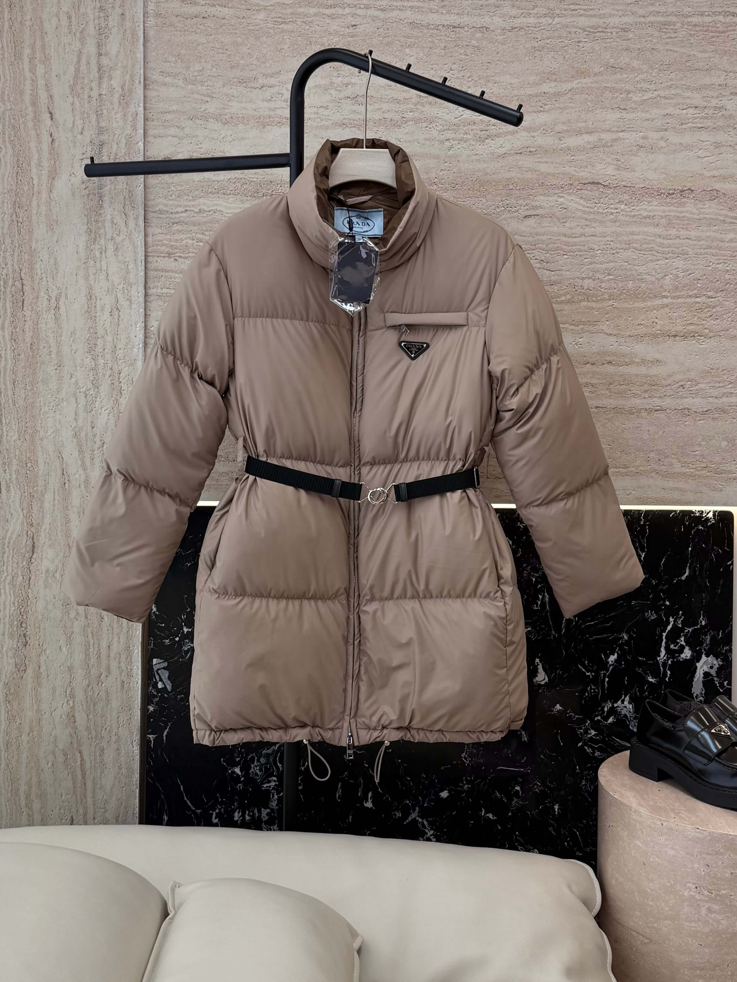 Prada mid-length women's down jacket- Dark Gray - Image 2