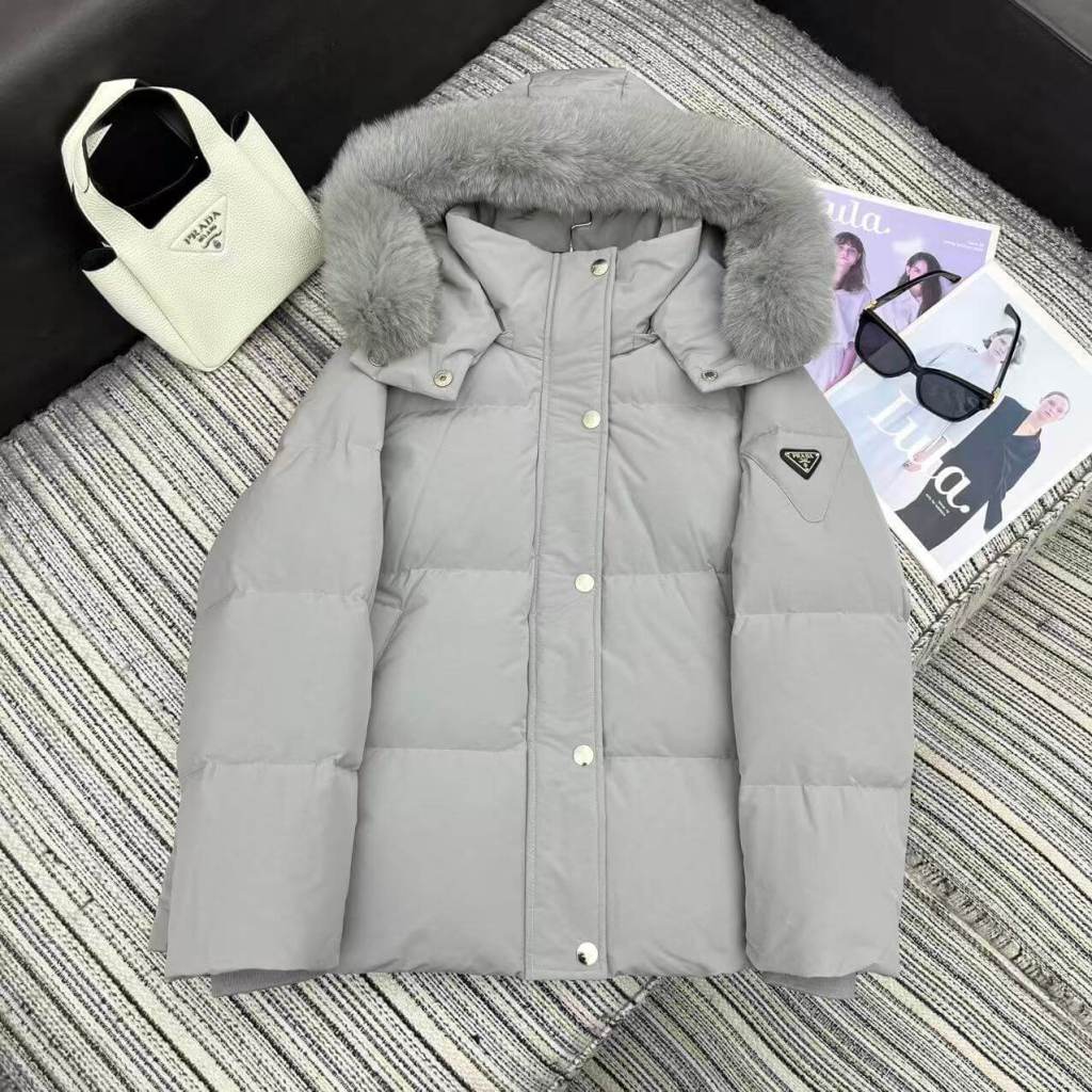 Prada Women's Short Down Jacket with Fur Hood - Grey