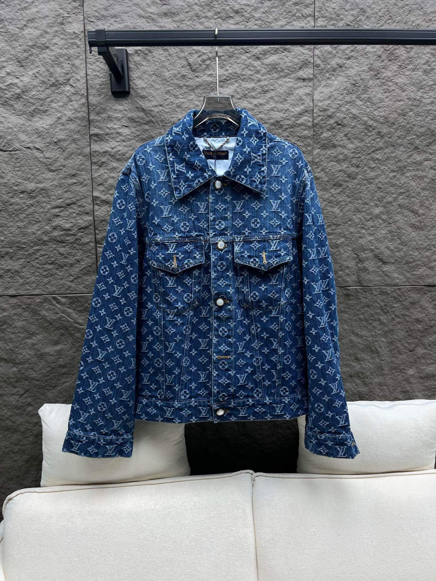 Louis Vuitton–Style Monogram Denim Trucker Jacket – Blue
