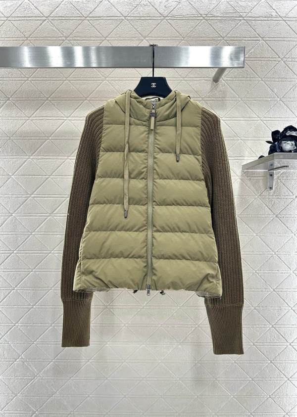 Brunello Cucinelli Knitted Sleeves & Hooded down jacket- Brown Panama