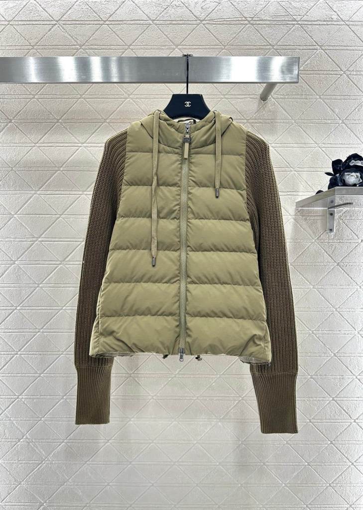 Brunello Cucinelli Knitted Sleeves & Hooded down jacket- Brown Panama