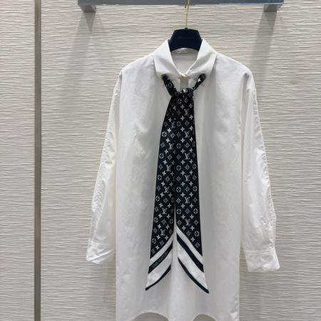 Louis Vuitton Monogram Scarf Shirt Dress – White with Black Silk Scarf