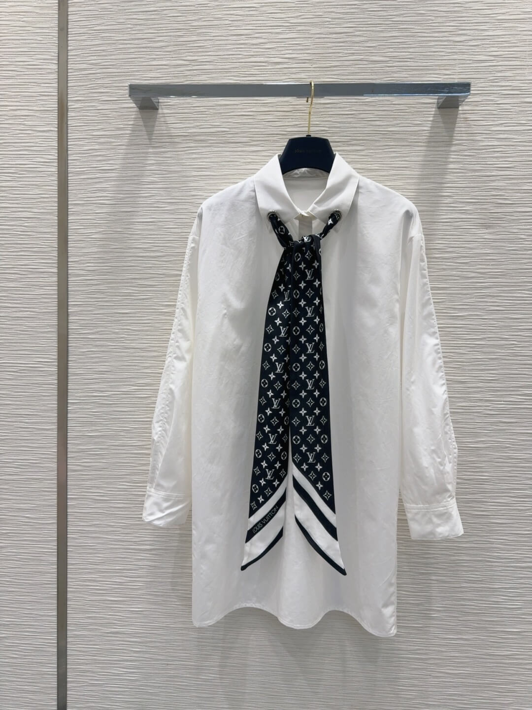 Louis Vuitton Monogram Scarf Shirt Dress – White with Black Silk Scarf