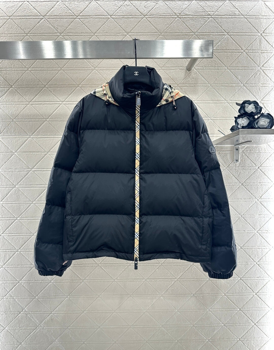 Burberry Checker-tape Snowdon Padded Down Jacket- Navy Blue