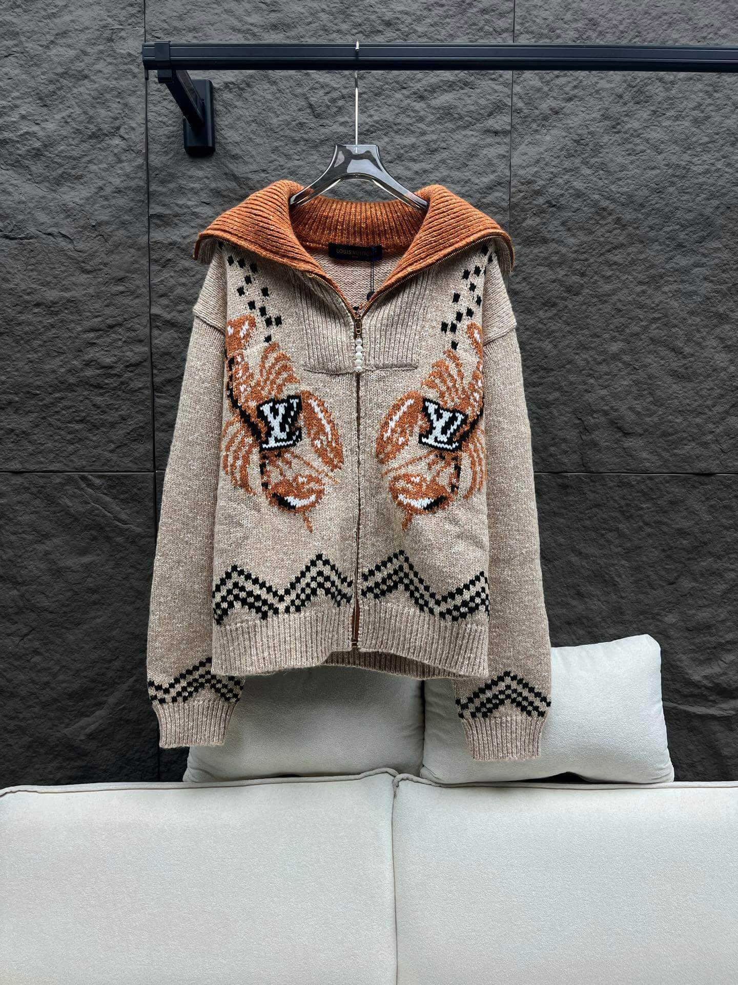 Louis Vuitton–Style Zippered Knitted Blouson with Embroidered Lobster Motifs – Beige