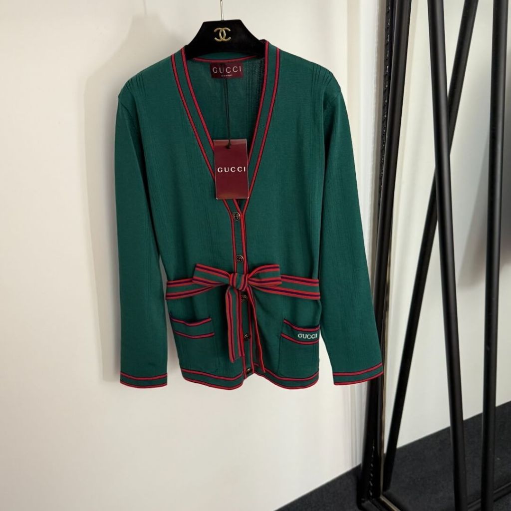 Gucci GG Single-Breasted Strap-Waist V-Neck Knitted Cardigan – Green