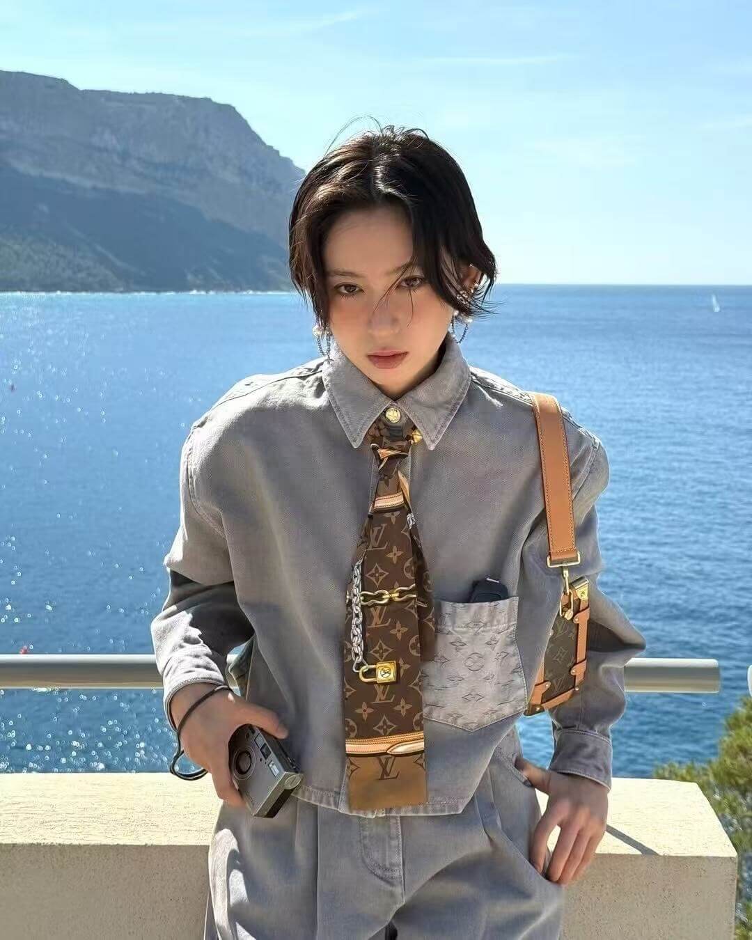 Louis Vuitton Women’s Grey Denim Jacket and Wide-Leg Pants Set with Scarf - Image 2