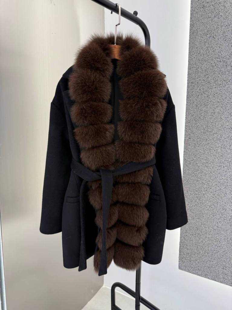 Loro Piana Cashmere Luxurious Faux Fur-Trimmed Wool Coat – Black