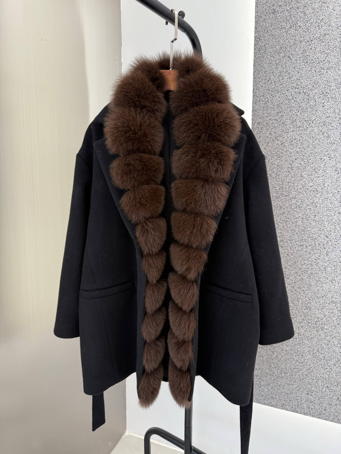Loro Piana Cashmere Luxurious Faux Fur-Trimmed Wool Coat – Black - Image 4