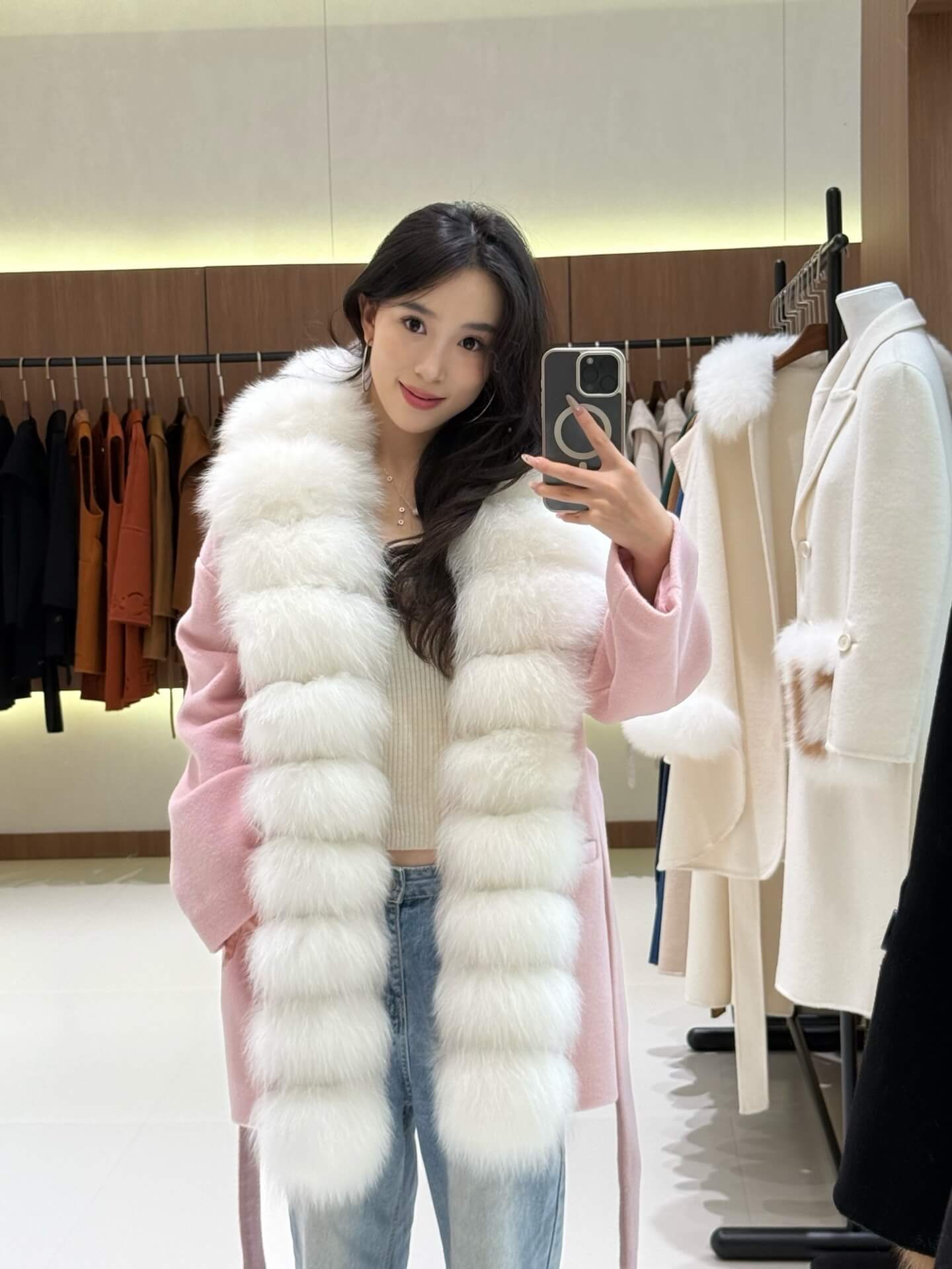 LP cashmere luxurious faux fur-trimmed wool coat- Pink - Image 8