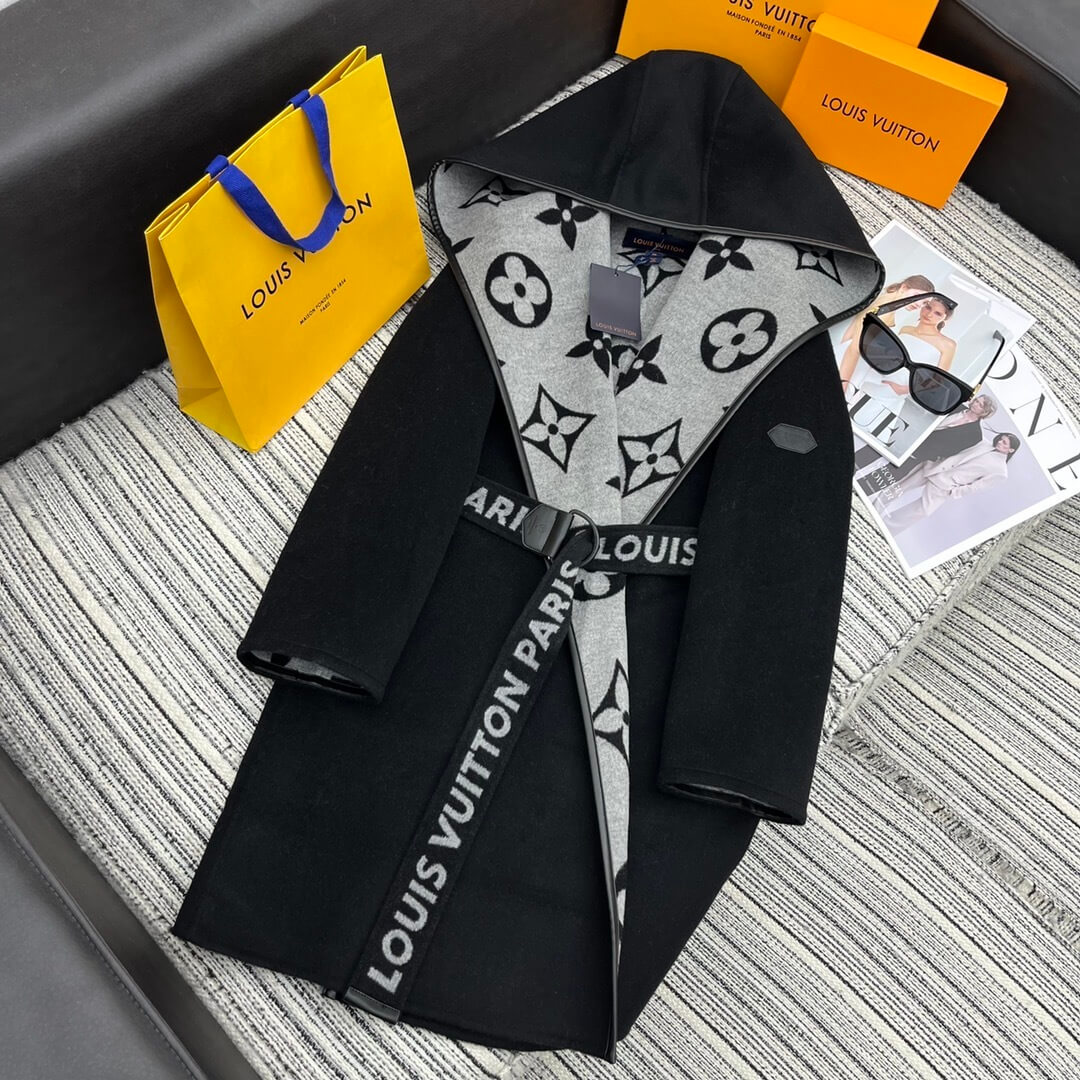 Louis Vuitton Gray Hooded Long Wrap Coat- Black