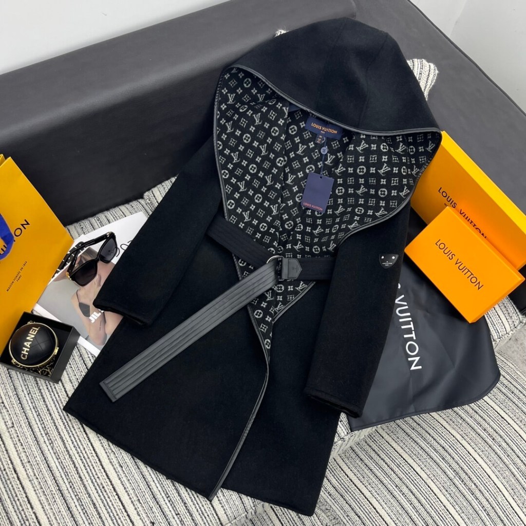 Louis Vuitton Hooded Long Wrap Coat- Black