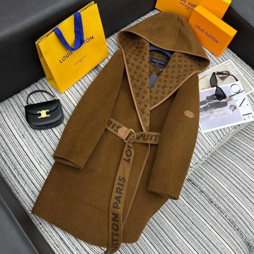 Louis Vuitton Hooded Long Wrap Coat- Brown