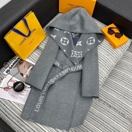 Louis Vuitton Hooded Long Wrap Coat- Light Gray