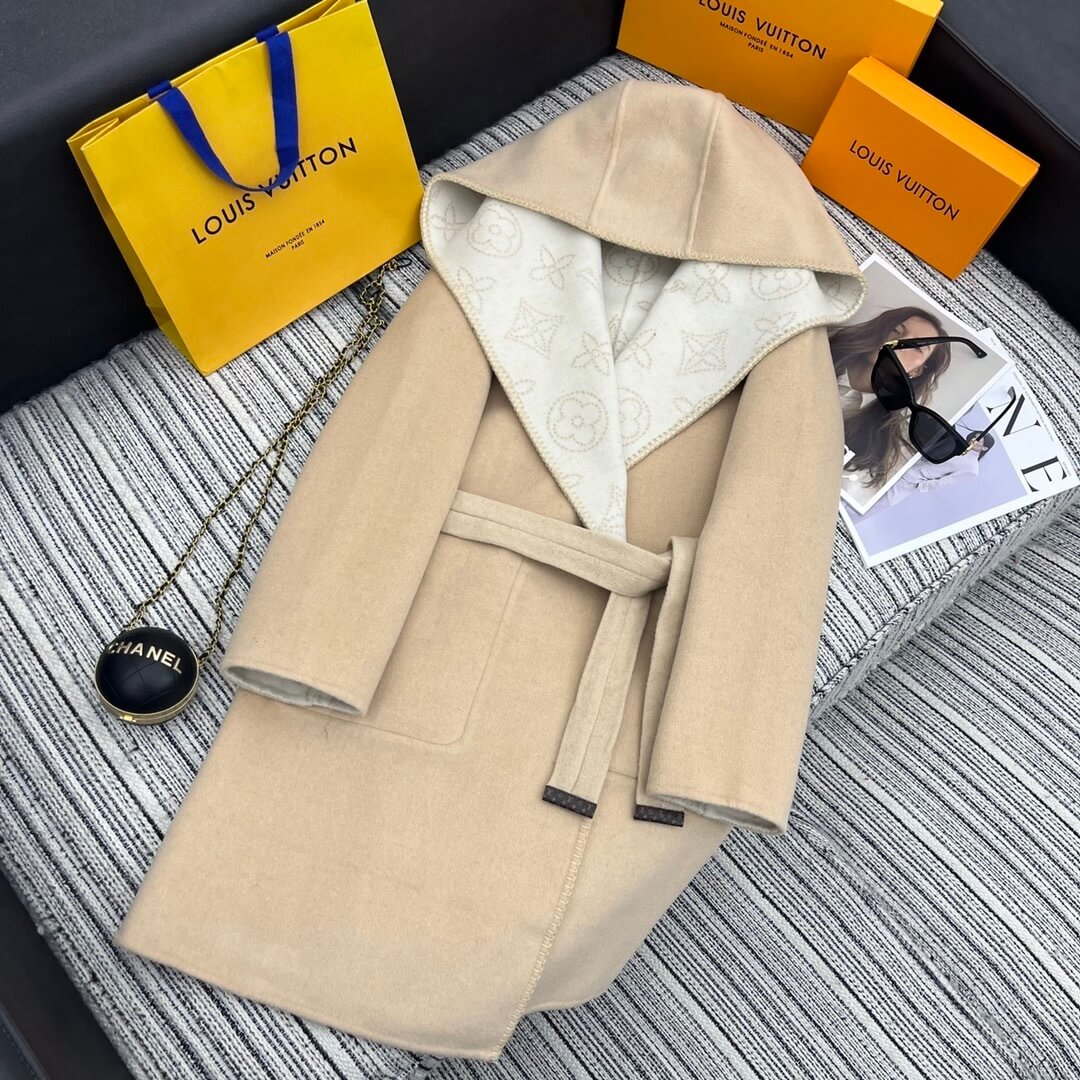 Louis Vuitton Hooded Long Wrap Coat – Beige Wool & Cashmere