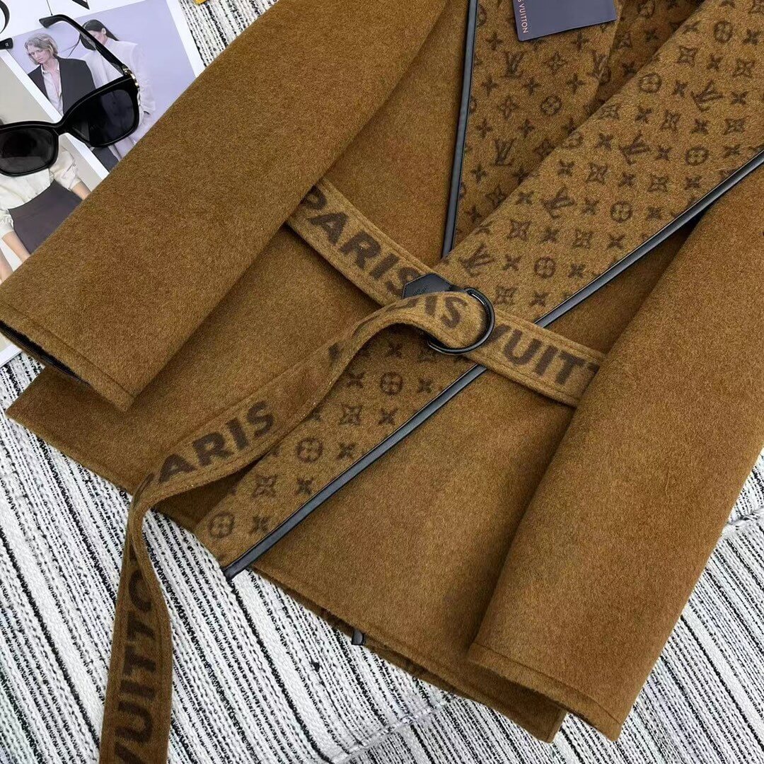 Louis Vuitton Hooded Short Wrap Coat – Brown Wool & Cashmere - Image 5