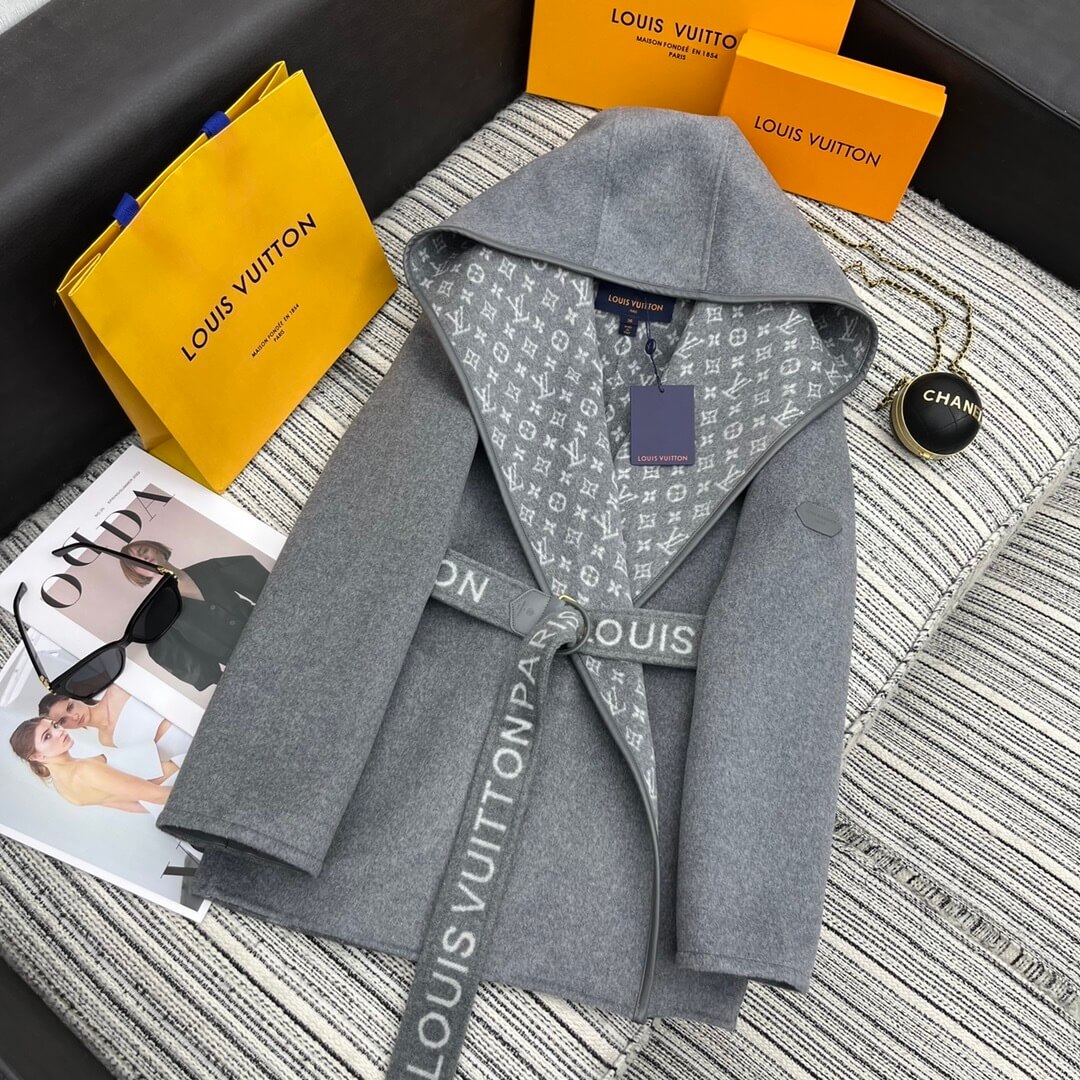 Louis Vuitton Hooded Short Wrap Coat- Gray