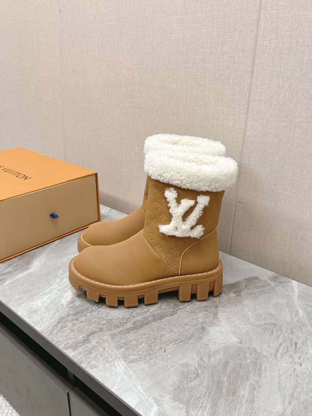 Louis Vuitton Camel Brown Laureate Platform Shearling Boots - Image 3