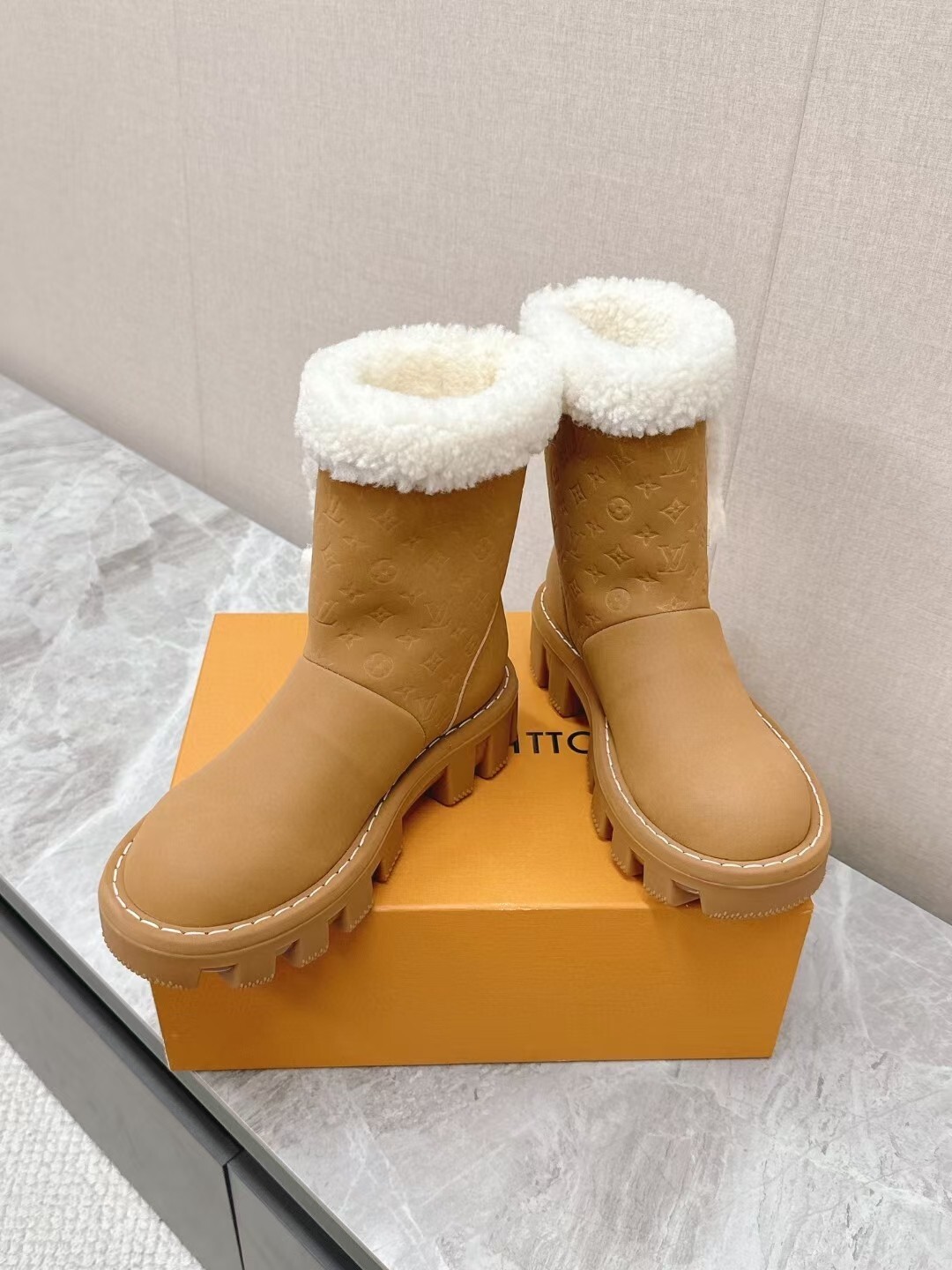 Louis Vuitton Camel Brown Laureate Platform Shearling Boots