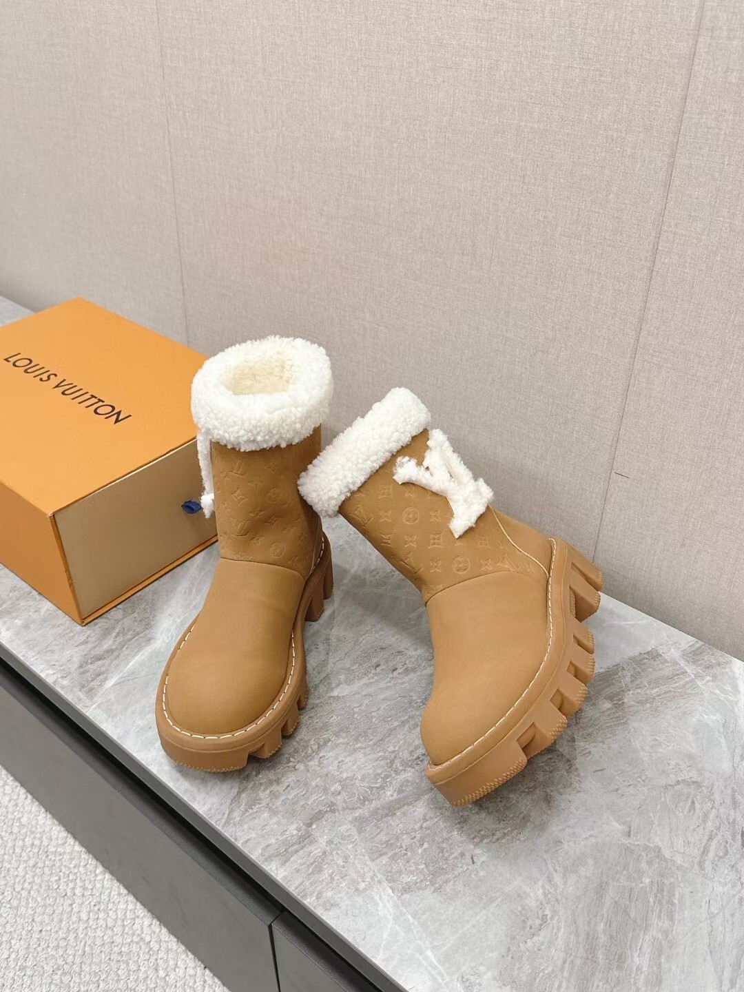 Louis Vuitton Camel Brown Laureate Platform Shearling Boots - Image 6