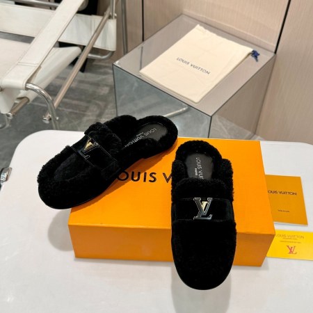 Louis Vuitton Black Shearling Suede Mules