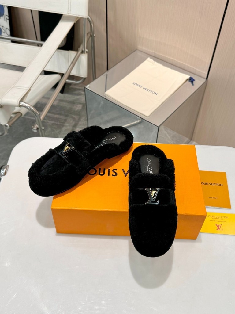 Louis Vuitton Black Shearling Suede Mules