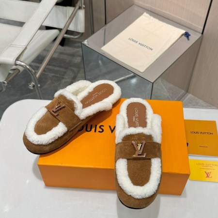 Louis Vuitton Brown Lock It Mule Shearling Suede Slippers
