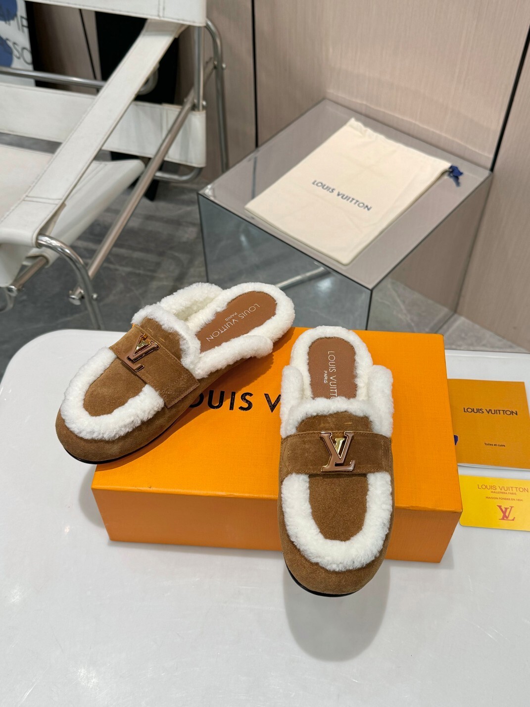Louis Vuitton Brown Lock It Mule Shearling Suede Slippers