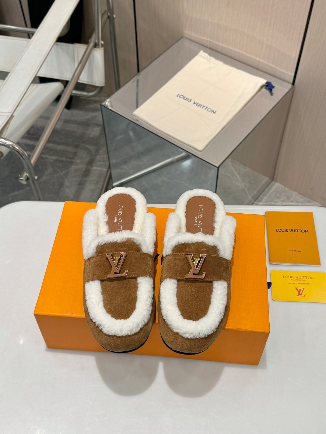 Louis Vuitton Brown Lock It Mule Shearling Suede Slippers - Image 9