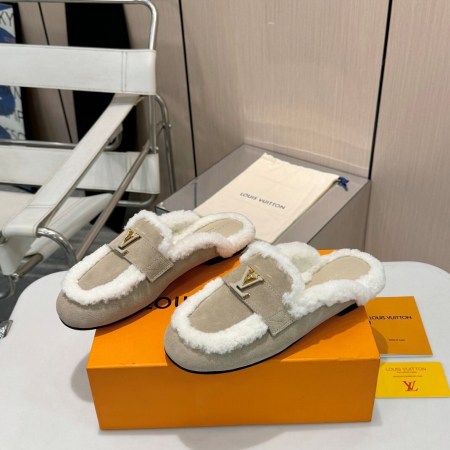 Louis Vuitton Beige Suede Shearling Flat Mules